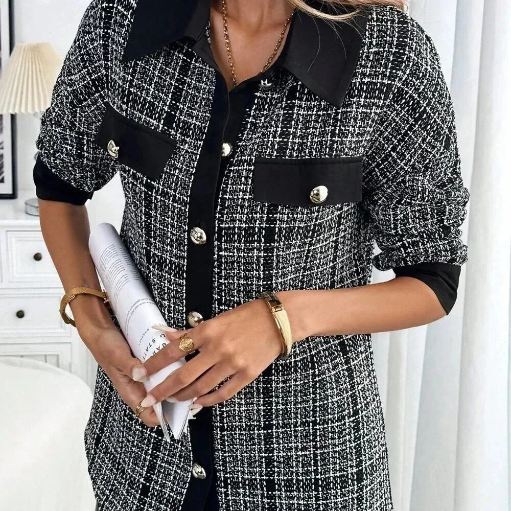 Dark Grey Elegant Women's Plaid Drop Shoulder Long Sleeve Single-Breasted Coat